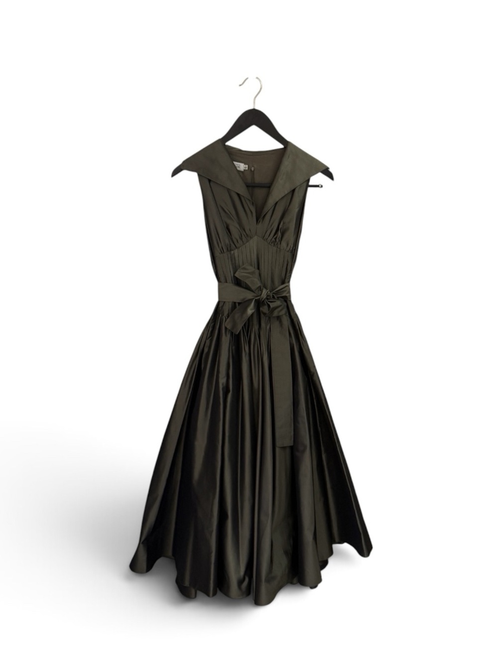 Teri Jon Olive Green Taffeta Fit‑and‑Flare Midi Dress with Pleated Waist & Bow - Picture 15 of 15